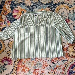 CAbi Green and White Vertical Stripe V-Neck Blouse